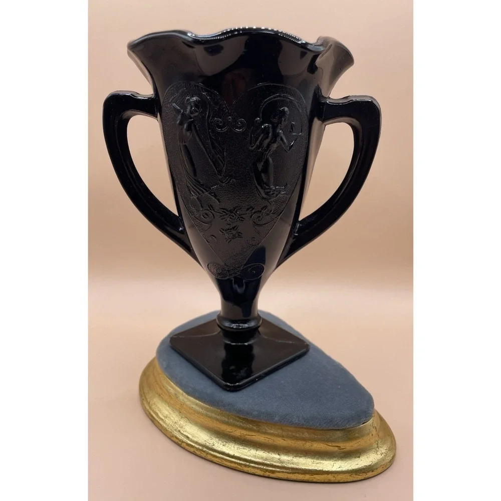Vintage L.E. Smith Black Amethyst Glass Vase- Art Deco Two Dancing Nymphs